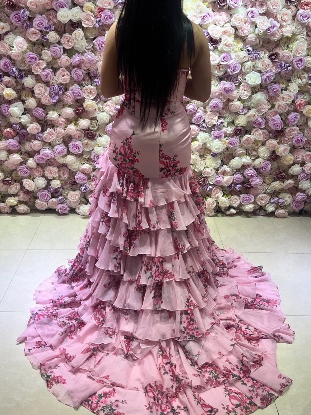 Girls' Pink Floral Ruffle Mermaid Dress